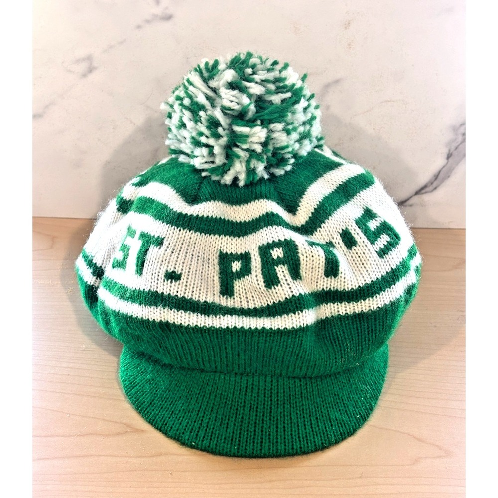 Vintage St Pats Knit Visor Beanie Green White Pom Pom St Patrick's Hat